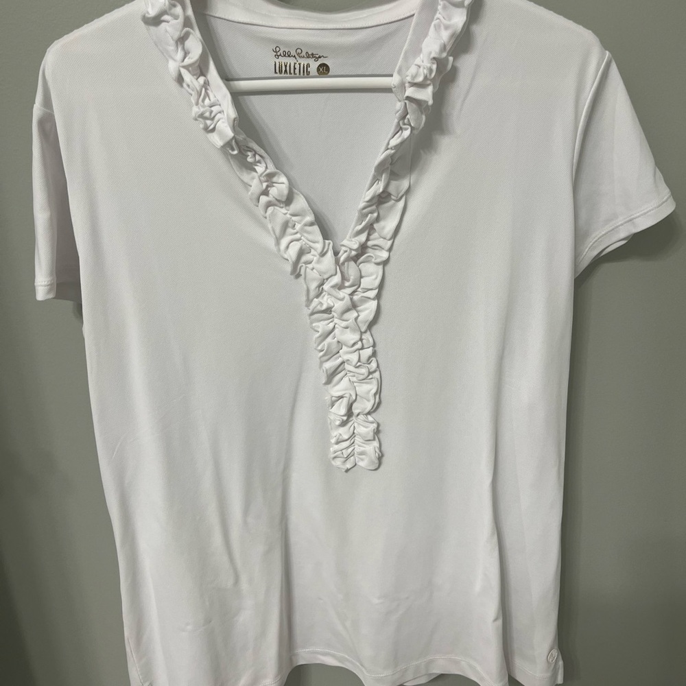 Lilly Pulitzer White Ruffle V-Neck Short Sleeve Top
